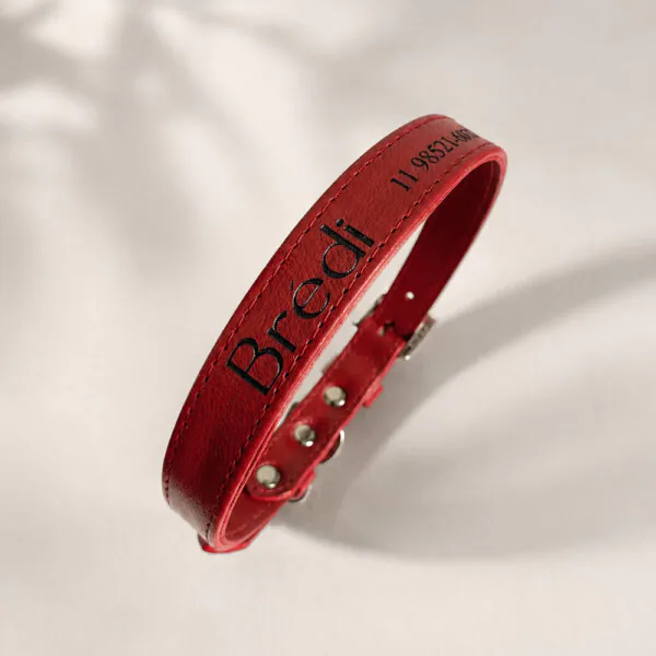 Coleira pet personalizada em couro legítimo- Classic vermelha